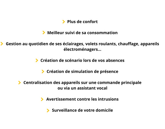 Plus de confort   Meilleur suivi de sa consommation  Gestion au quotidien de ses éclairages, volets roulants, chauffage, appareils électroménagers…  Création de scénario lors de vos absences  Création de simulation de présence  Centralisation des appareils sur une commande principale ou via un assistant vocal  Avertissement contre les intrusions  Surveillance de votre domicile